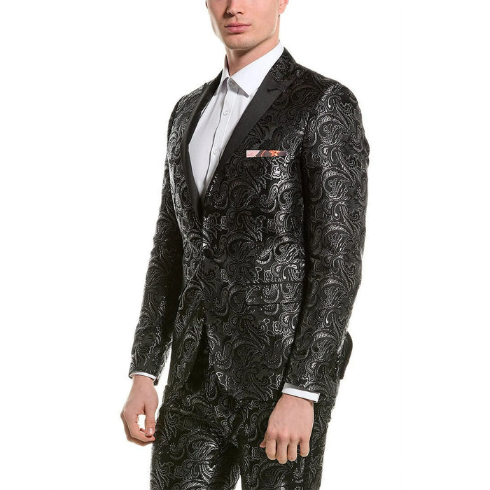 Alberto Nardoni Brand Silver Two Toned Paisley Sequin Blazer or Tuxedo Suit Vest + Pants Vested + Black Lapel Blazer Looking