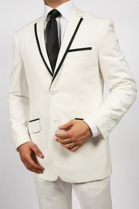 2 Button White Suit Jacket & Pants With Black Trim Lapel Fashion Tuxedo For Men mensusa