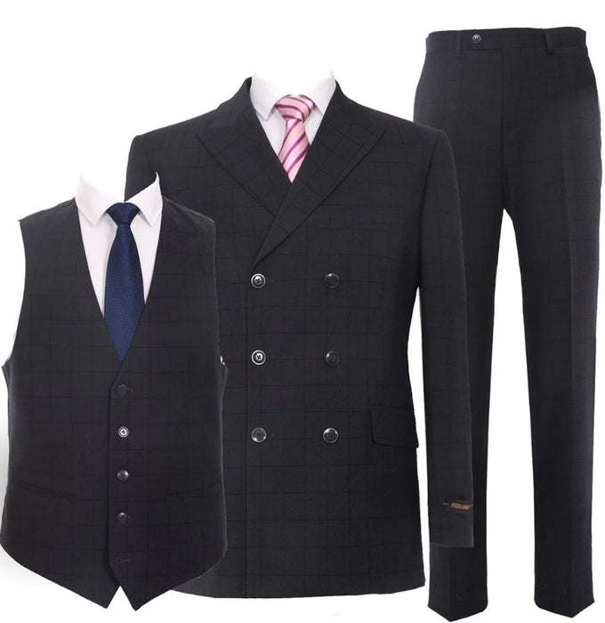 Charcoal Mens Windowpane Plaid Double Breasted 6 Buttons 3-piece Classic Fit Suit Black