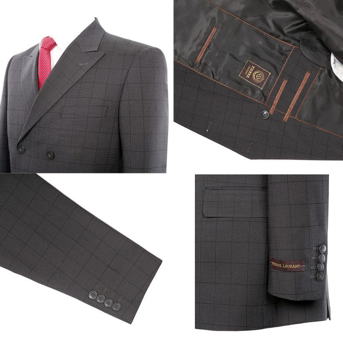 Charcoal Mens Windowpane Plaid Double Breasted 6 Buttons 3-piece Classic Fit Suit Black