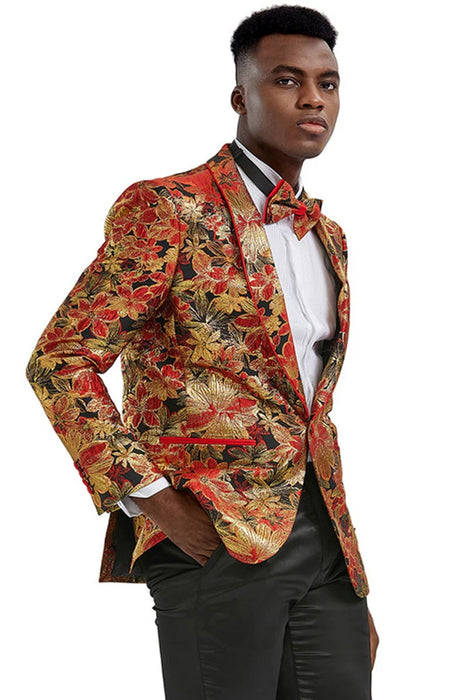 Men's Slim Fit Paisely Prom Tuxedo Jacket In Red & Gold