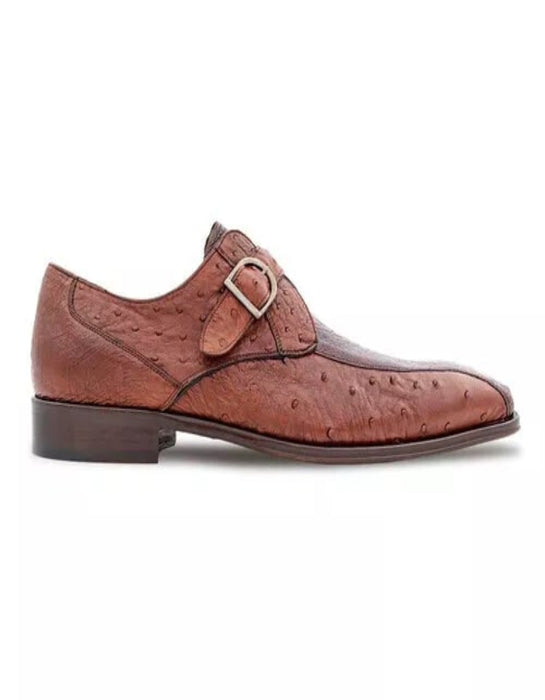 Mezlan Shoes Made in Spain - Mezlan Men's Genuine Full Quill Ostrich Leg Monk Strap Brown Shoes