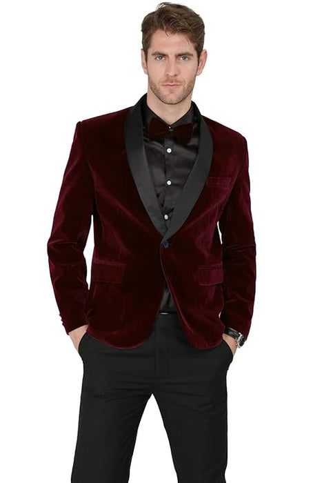 Velvet Suit Mens Dark Burgundy Suit One Button Velvet Fabric Shawl Collar Tuxedo