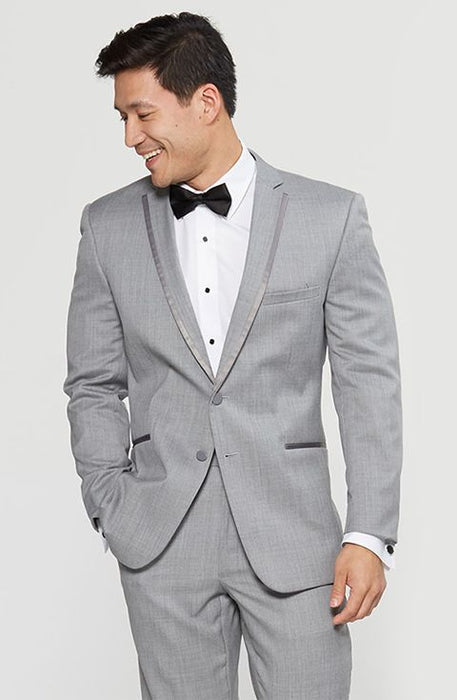 Men's Light Grey ~ Gray Silver Satin-detailed tuxedo suits Jacket , Pants Suit Silver