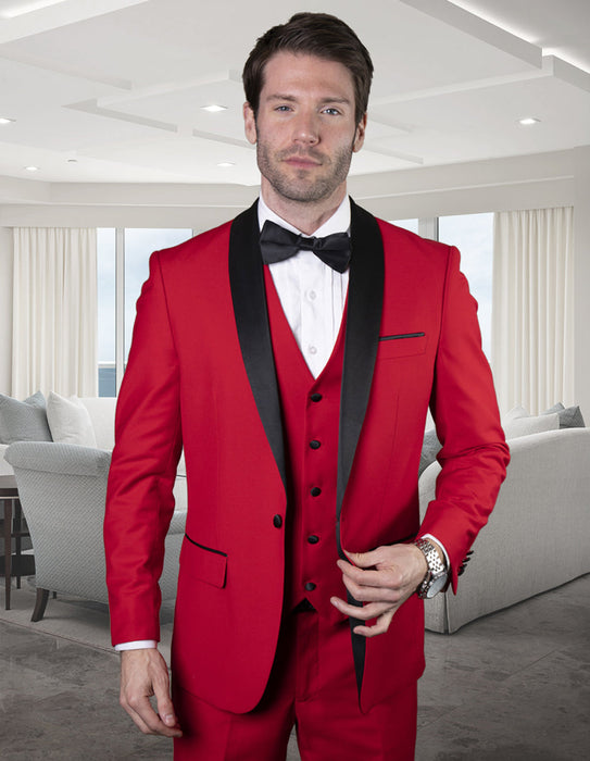 Mens Wool One Button Modern Fit Vested Shawl Prom 2025 Tuxedo in Red