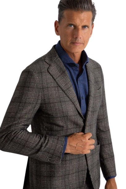 Mens Charcoal Grey and Blue Plaid Blazer - Charcoal Houndstooth Checkered Sport Coat