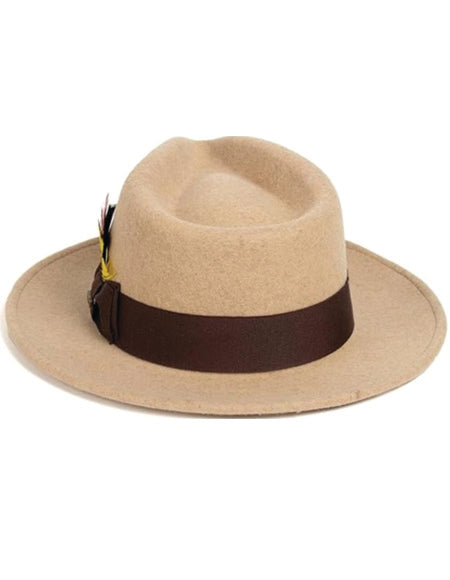 Gangster 100% Austrailian Wool Crushable Mens Fedora Hat - Removable Feather Gangster Beige Melange Mens Fedora Hat