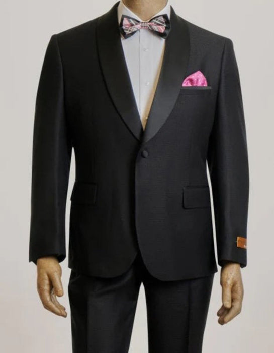 Steve Harvey Suits - Black Suit - Designer Brand Shawl Lapel Suit No Pleated Pants Modern Fit