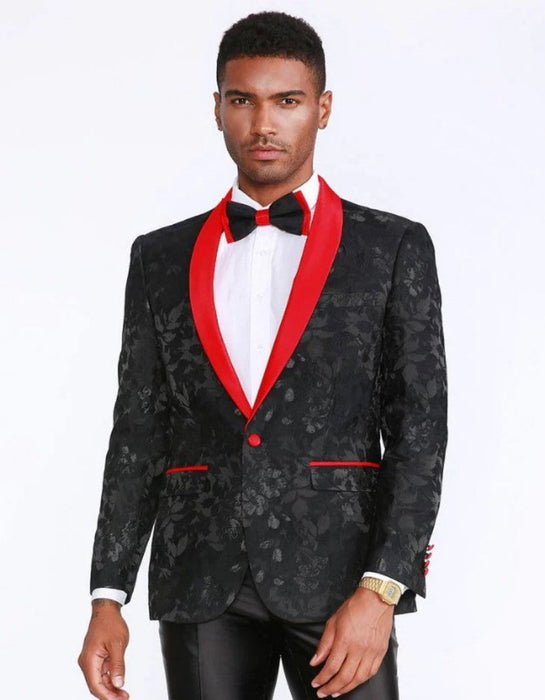 Black and Red Tuxedo Jacket Floral Pattern Slim Fit - Wedding - Prom