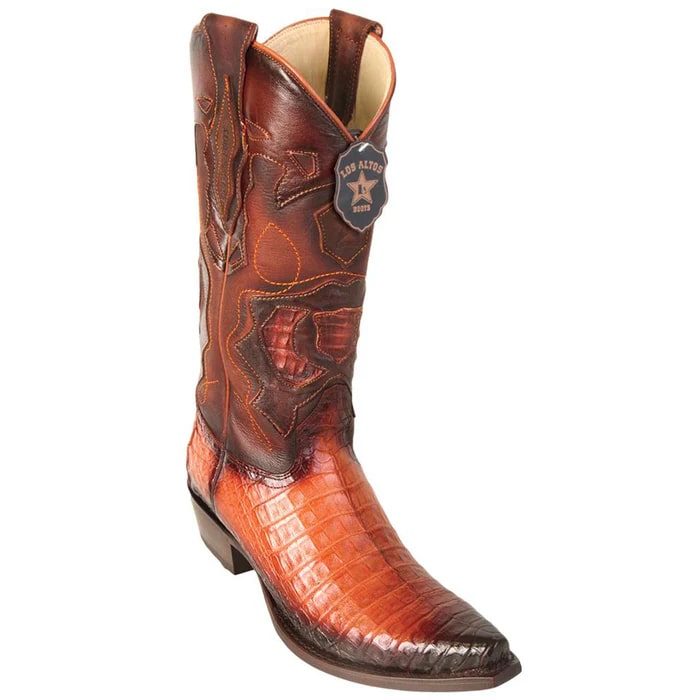 Men's Cognac Caiman Cowboy Boots: Snip Toe, Faded Finish, Los Altos