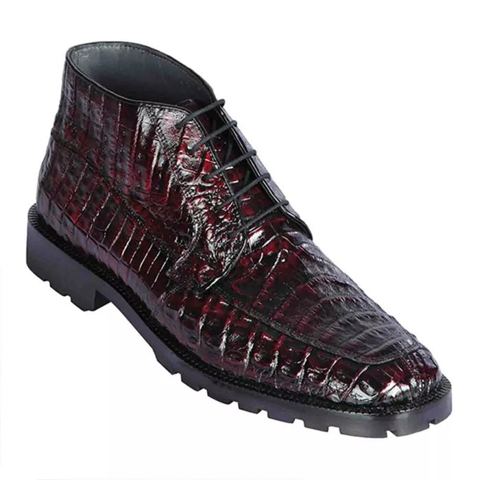 Men's Black Cherry Caiman Belly Boots with Lug Soles | Los Altos Exotic Leather Boots