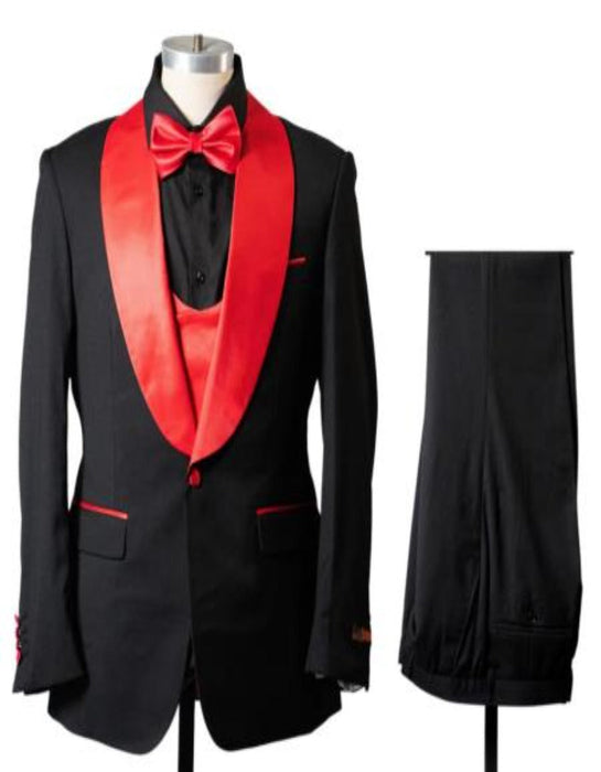 1 Button Shawl Lapel Tuxedo With Vest Black And Red