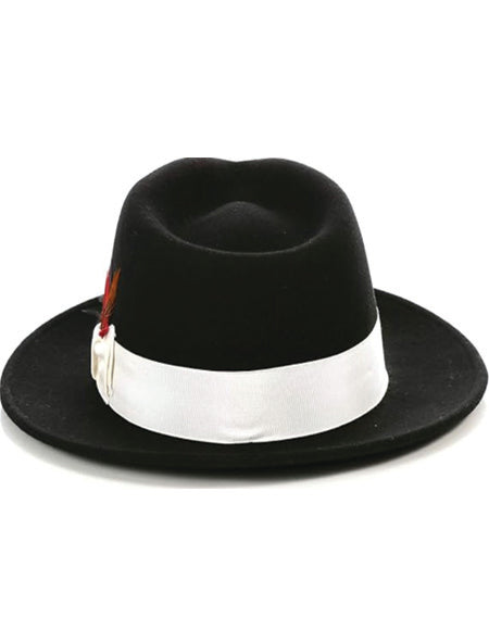 Gangster 100% Austrailian Wool Crushable Mens Fedora Hat - Removable Feather Gangster Black/White Mens Fedora Hat