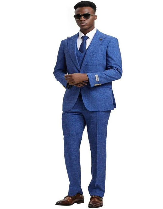 Men's Stacy Adams Peak Lapel Suit with Double Breasted Blue Suit