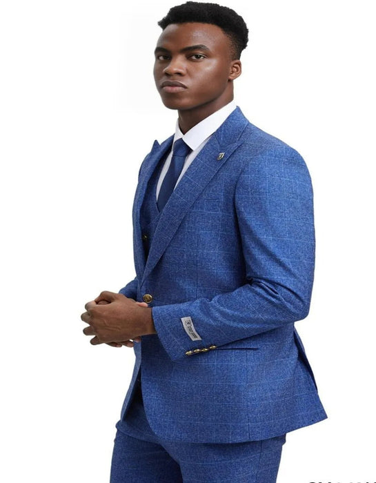 Men's Stacy Adams Peak Lapel Suit with Double Breasted Blue Suit