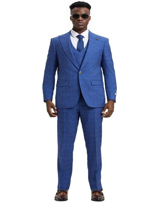 Men's Stacy Adams Peak Lapel Suit with Double Breasted Blue Suit