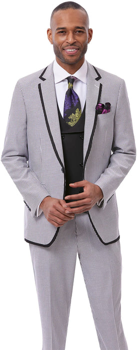 Pinstripe Tuxedo - White and Black Pinstirpe Suit - Wedding Groom Suit Trim Collar Two Toned