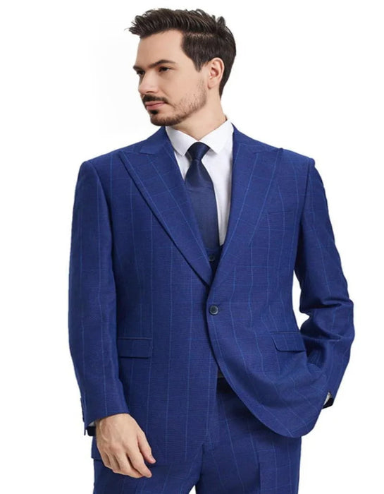 Men's Stacy Adams Peak Lapel Blue Windowpane Plaid Blue Suit