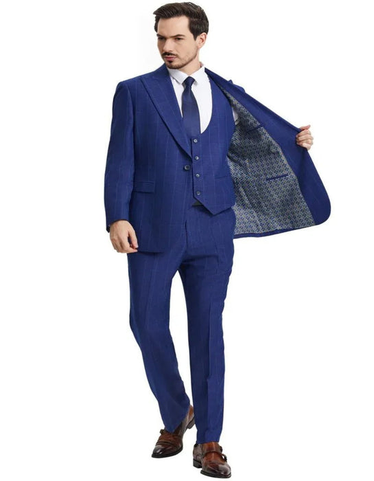 Men's Stacy Adams Peak Lapel Blue Windowpane Plaid Blue Suit