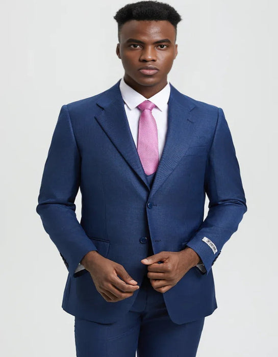 Men's Two Button Vested Stacy Adams Designer Sharkskin Blue Suit