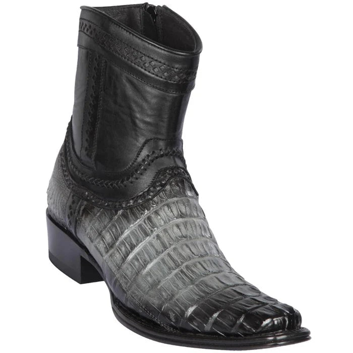 Men's Grey Caiman Tail Ankle Boots: Genuine Leather Cowboy Dress Boots