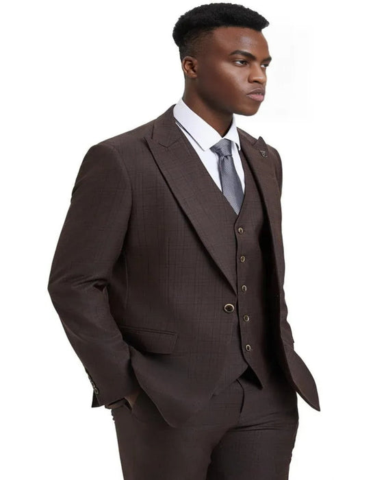 Men's Stacy Adams Vested One Button Brown Windowpane Plaid Suit