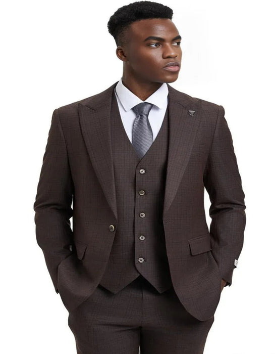 Men's Stacy Adams Vested One Button Brown Windowpane Plaid Suit