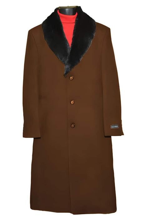 Men's Wool Overcoat with Fur Collar - Brown Ankle-Length Winter Dress Coat