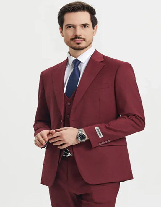 Mens Two Button Vested Stacy Adams Basic Designer Burgundy Suit