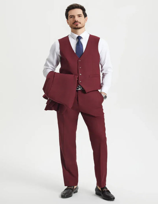 Mens Two Button Vested Stacy Adams Basic Designer Burgundy Suit