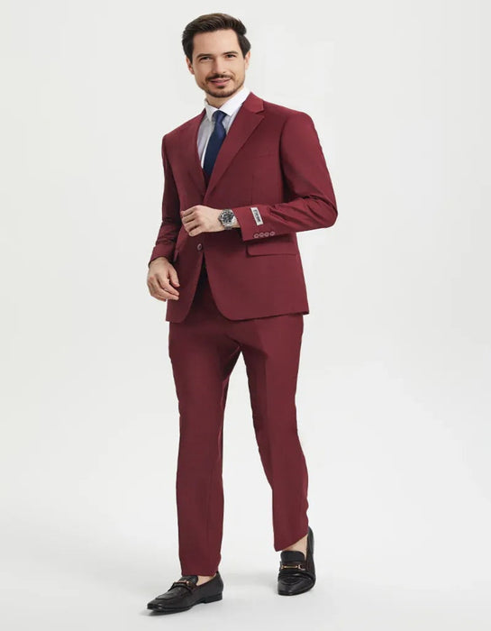 Mens Two Button Vested Stacy Adams Basic Designer Burgundy Suit