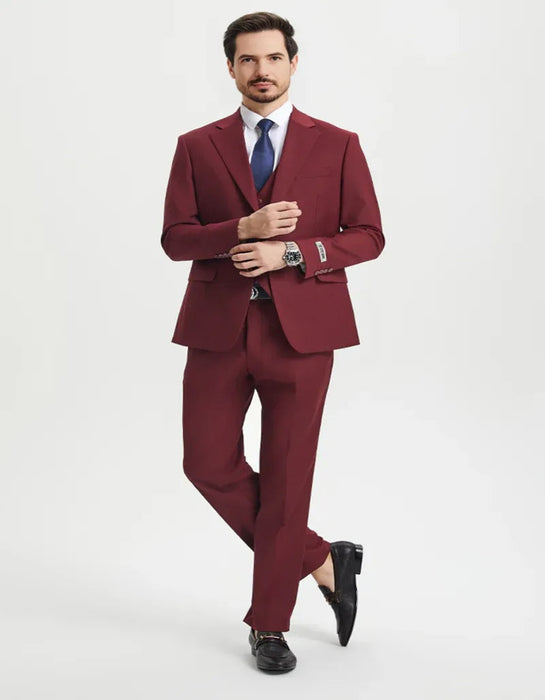 Mens Two Button Vested Stacy Adams Basic Designer Burgundy Suit