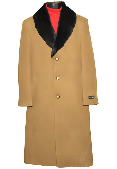 Men's Wool Overcoat - Camel Ankle-Length Topcoat with Fur Collar - Winter Dress Coat (95% Wool)