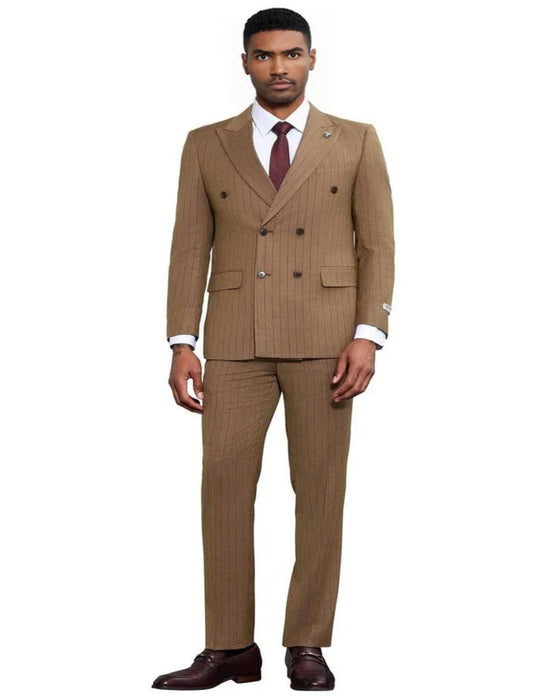 Men's Stacy Adams Double Breasted Pinstripe Camel Suit