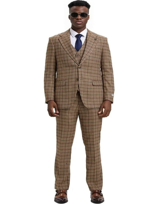 Men's Stacy Adams Vested Modern Fit Houndstooth Camel  Suit