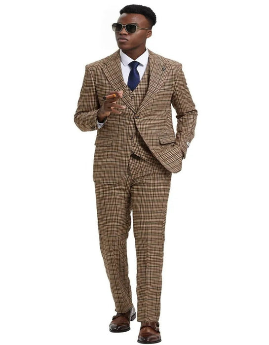 Men's Stacy Adams Vested Modern Fit Houndstooth Camel  Suit