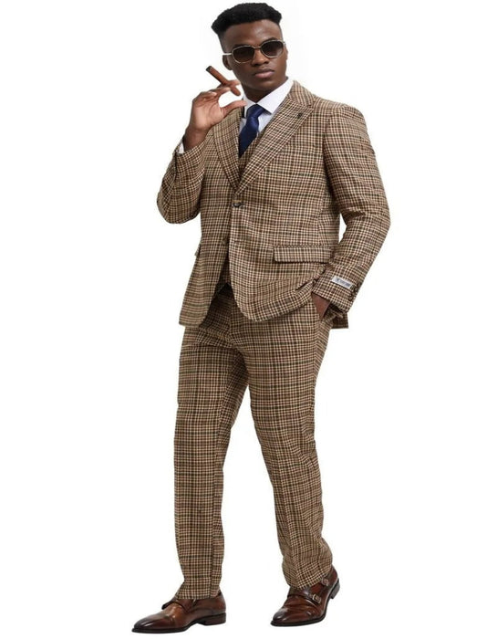 Men's Stacy Adams Vested Modern Fit Houndstooth Camel  Suit