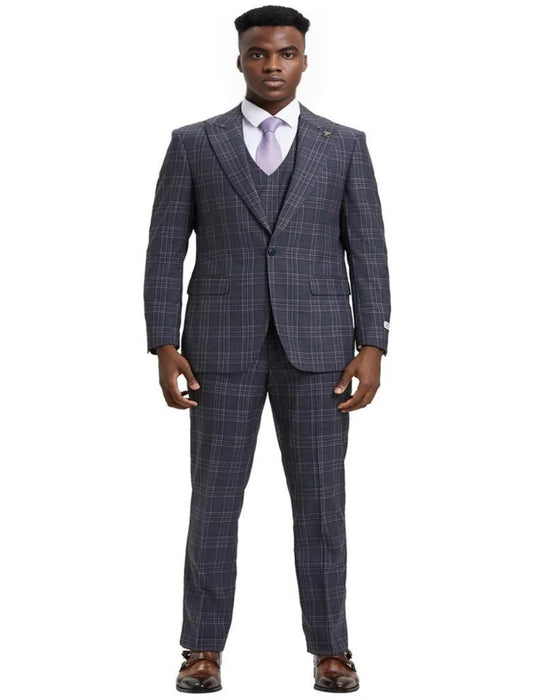 Men's Stacy Adams One Button Peak Lapel Double Breasted Charcoal Grey Plaid Suit