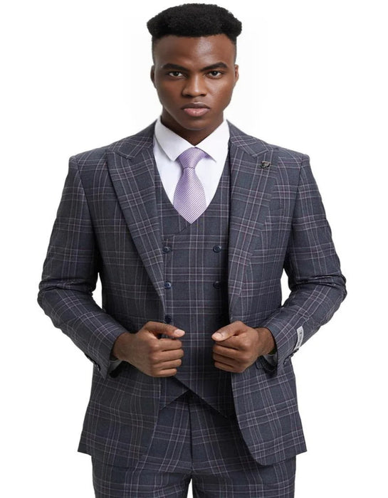 Men's Stacy Adams One Button Peak Lapel Double Breasted Charcoal Grey Plaid Suit