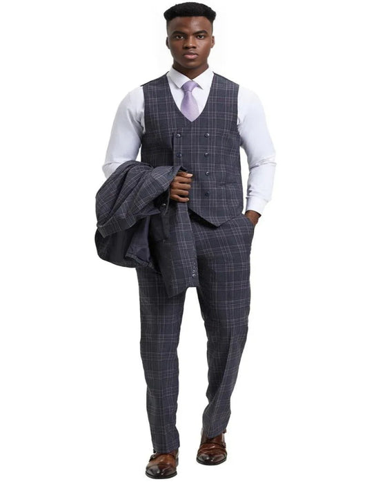 Men's Stacy Adams One Button Peak Lapel Double Breasted Charcoal Grey Plaid Suit