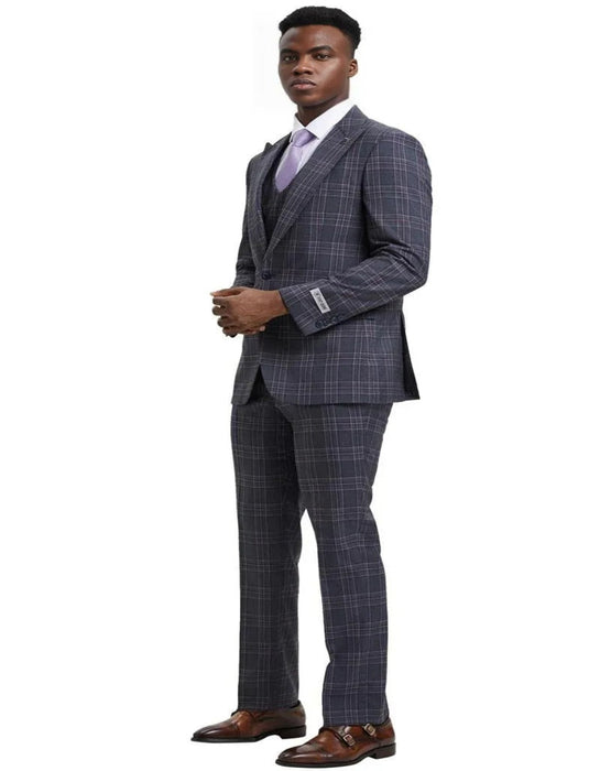 Men's Stacy Adams One Button Peak Lapel Double Breasted Charcoal Grey Plaid Suit