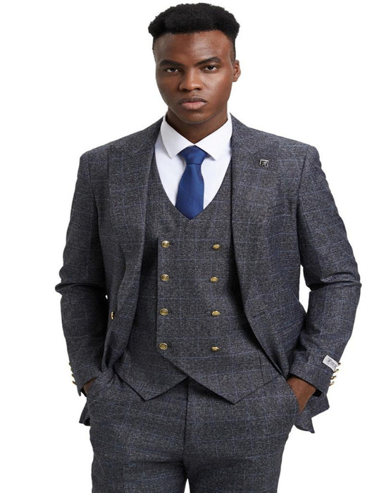 Men's Stacy Adams Peak Lapel Suit with Double Breasted Charcoal Grey Suit