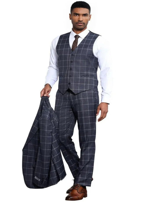 Men's Stacy Adams Classic One Button Vested Windowpane Charcoal Grey Suit