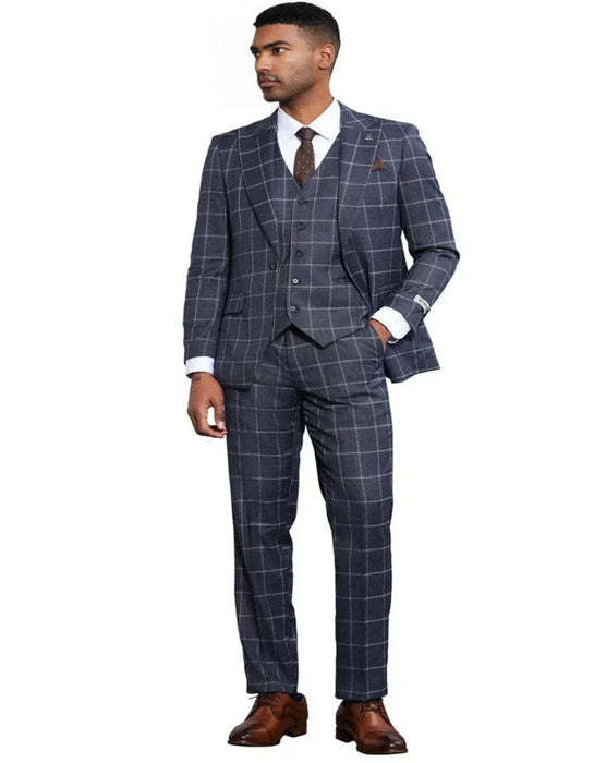 Men's Stacy Adams Classic One Button Vested Windowpane Charcoal Grey Suit