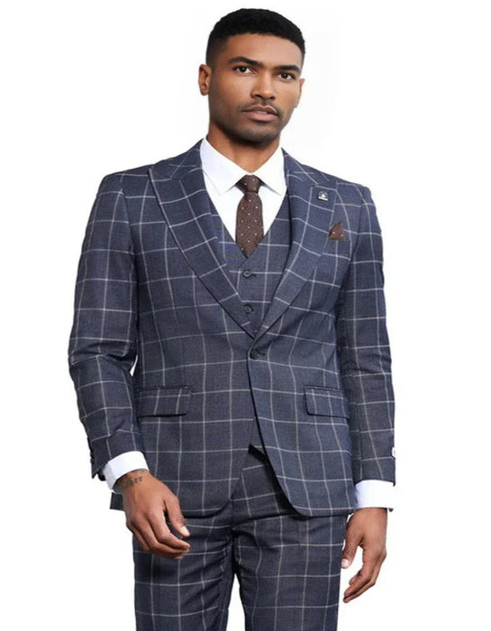 Men's Stacy Adams Classic One Button Vested Windowpane Charcoal Grey Suit