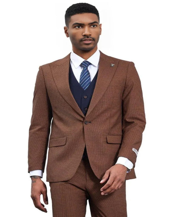 Men's Stacy Adams One Button Peak Lapel Vested Micro Check Cognac Brown Vest