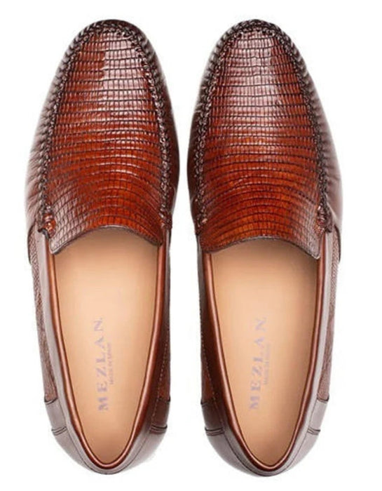 Mezlan Men's Leather Loafers - Cognac Lizard & Napa Moccasins