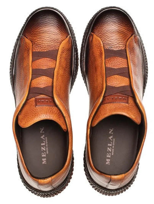 Mezlan Men's Cognac Leather Slip-On Sneakers: Hand-Stained Deerskin Casual Shoes