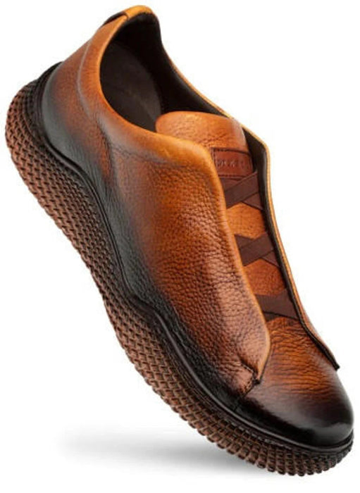 Mezlan Men's Cognac Leather Slip-On Sneakers: Hand-Stained Deerskin Casual Shoes