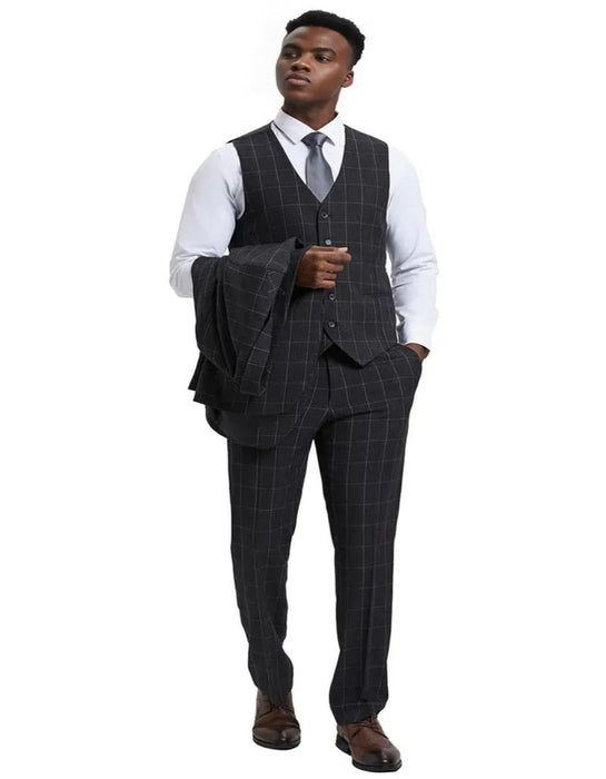 Men's Stacy Adams Vest Classic Bold Windowpane Charcoal Grey Suit